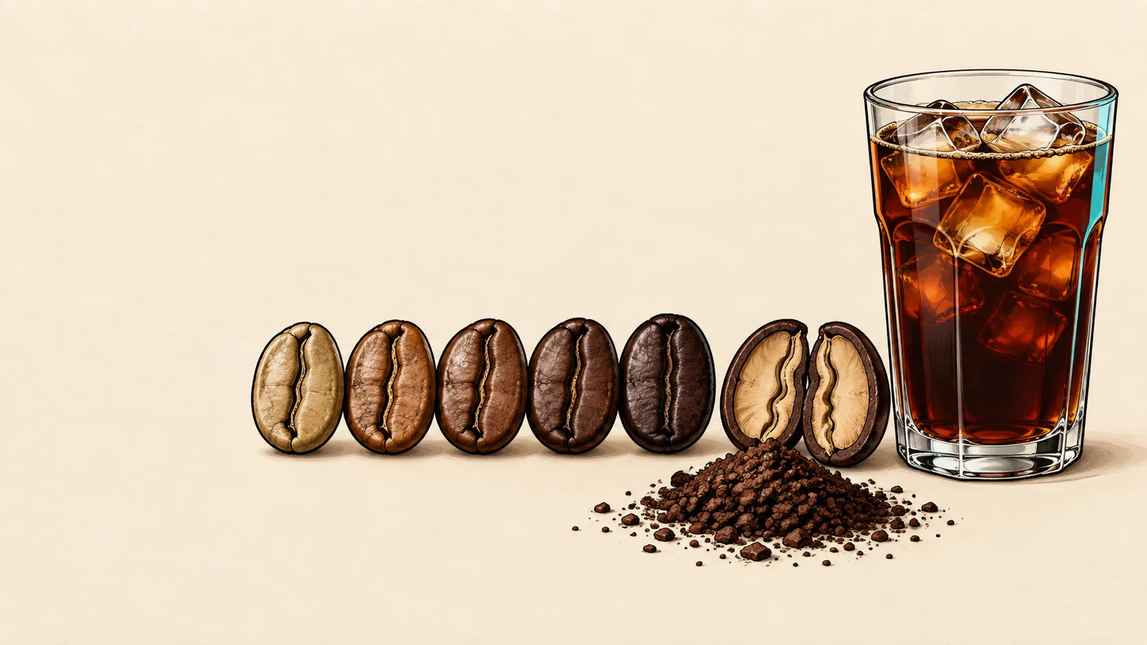Illustration of five whole roasted coffee beans graded from light tan to dark brown, one bean split lengthwise to show its tan interior and central crease, a small pile of coarse grounds, and a tall glass of iced cold brew at the right.