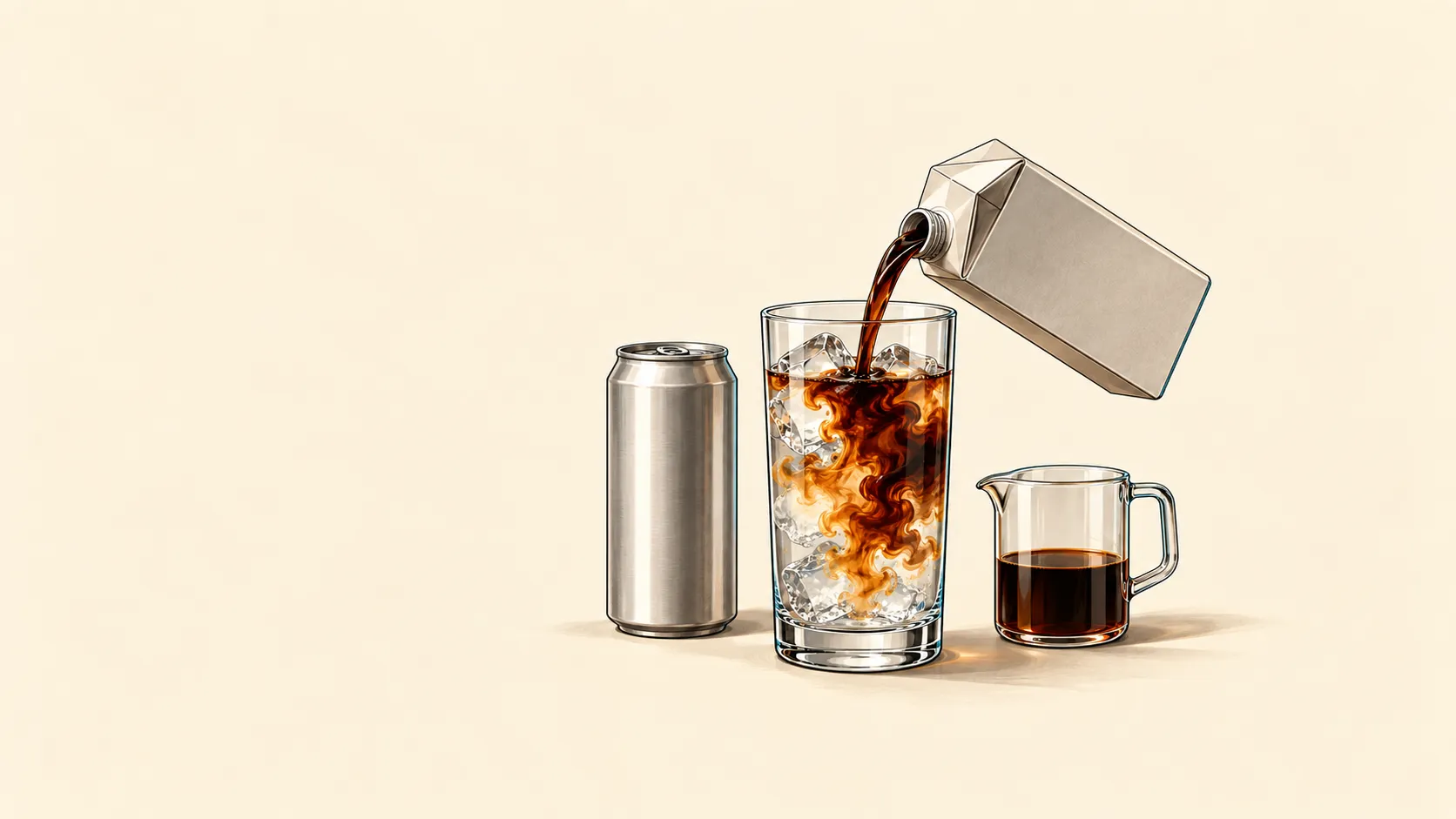Illustration of a plain unlabeled aluminum can standing beside a tall glass of ice while a plain carton tips over the glass, pouring dark coffee concentrate that swirls into the water. A small glass measuring jug of concentrate sits to the right.