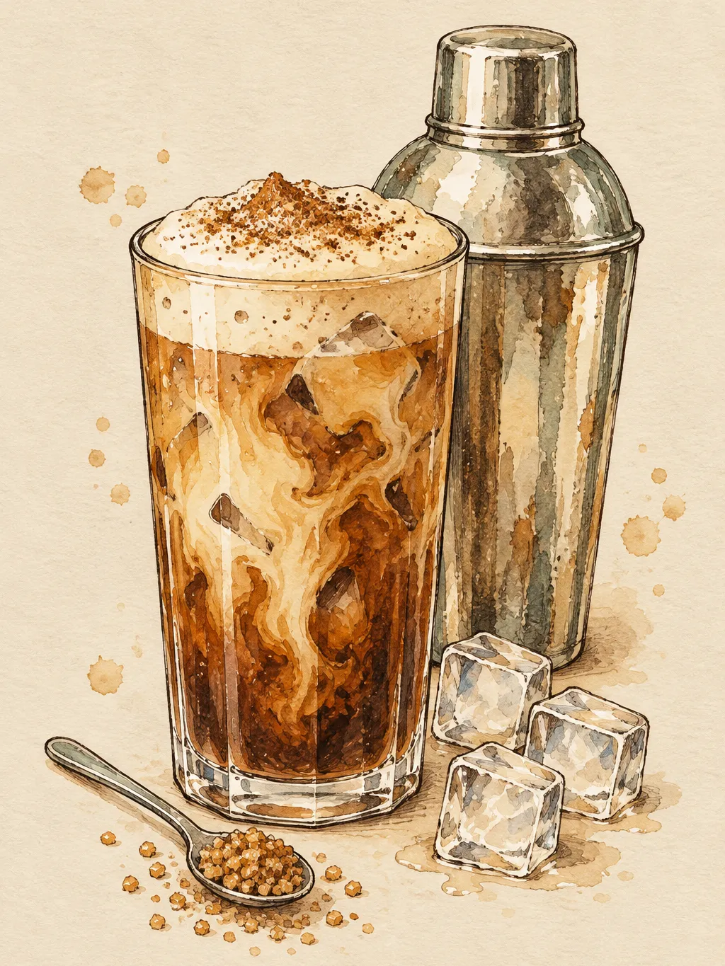 Illustration of a tall glass of frothy tan iced coffee with oat milk and a dusting of cinnamon, with a metal cocktail shaker behind it, ice cubes, and brown sugar crystals on a small spoon.