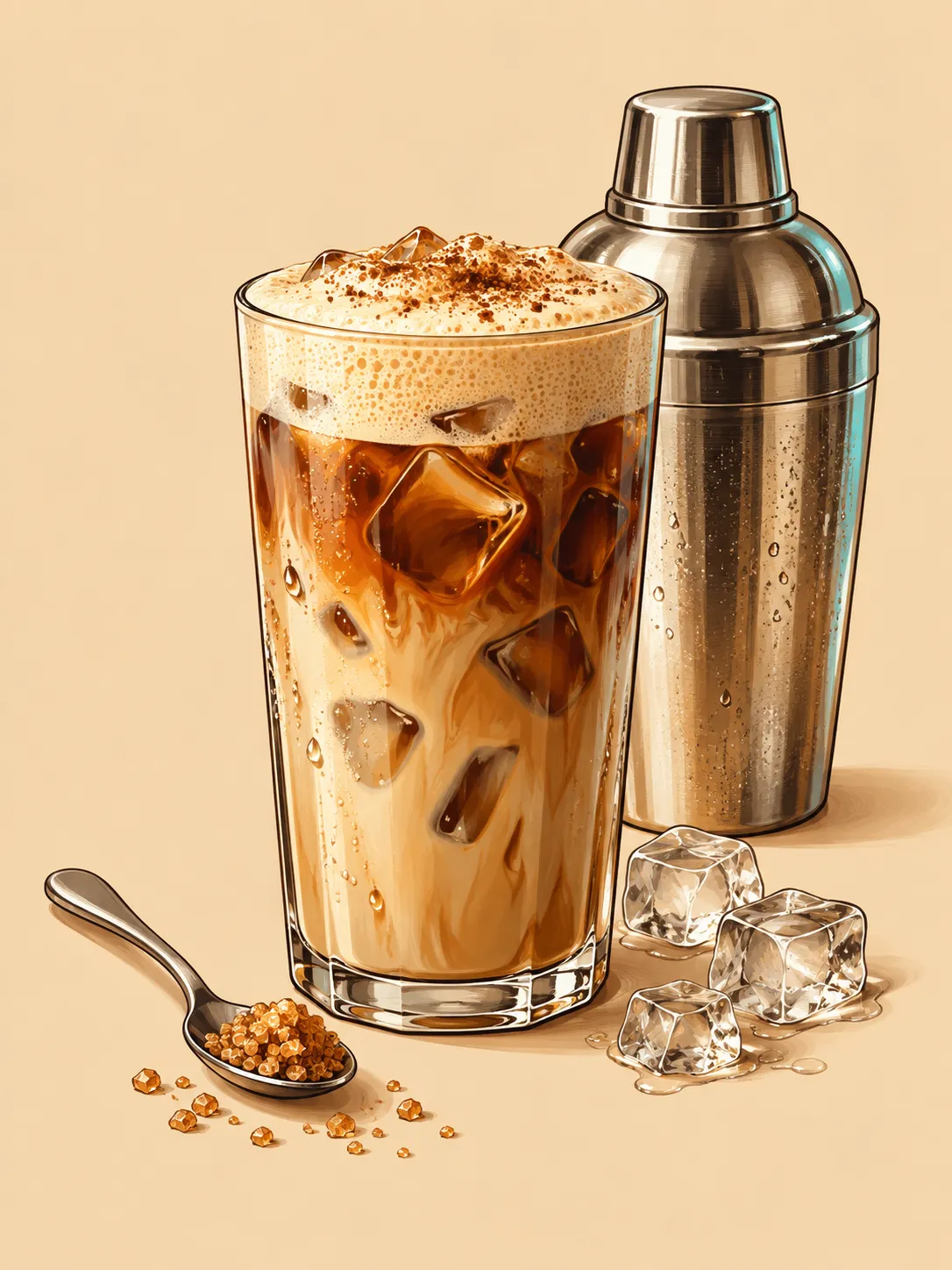 Illustration of a tall glass of frothy tan iced coffee with oat milk and a dusting of cinnamon, with a metal cocktail shaker behind it, ice cubes, and brown sugar crystals on a small spoon.