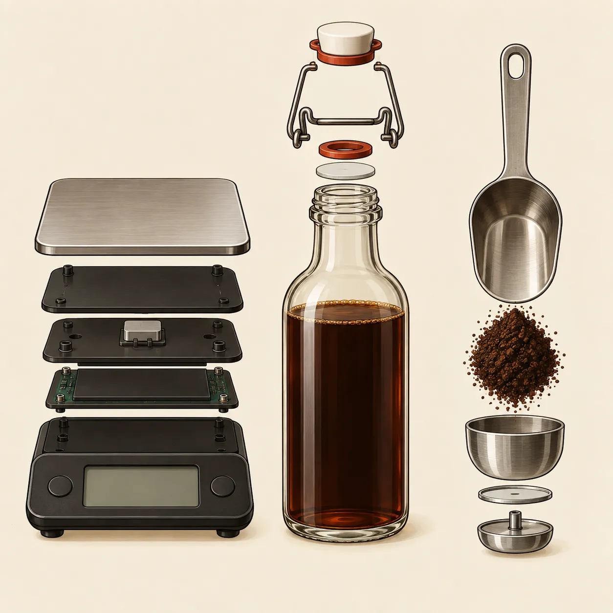Illustration of generic cold brew accessories in exploded view: a kitchen scale, a swing-top glass bottle of coffee and a metal scoop.
