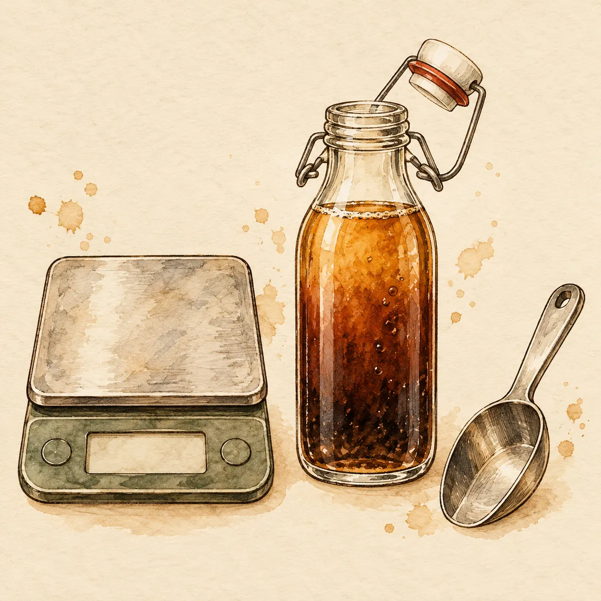 Illustration of generic cold brew accessories in exploded view: a kitchen scale, a swing-top glass bottle of coffee and a metal scoop.