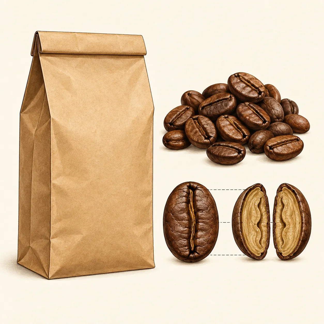 Illustration of a plain paper coffee bag beside whole roasted beans and one bean cut open in cross-section.