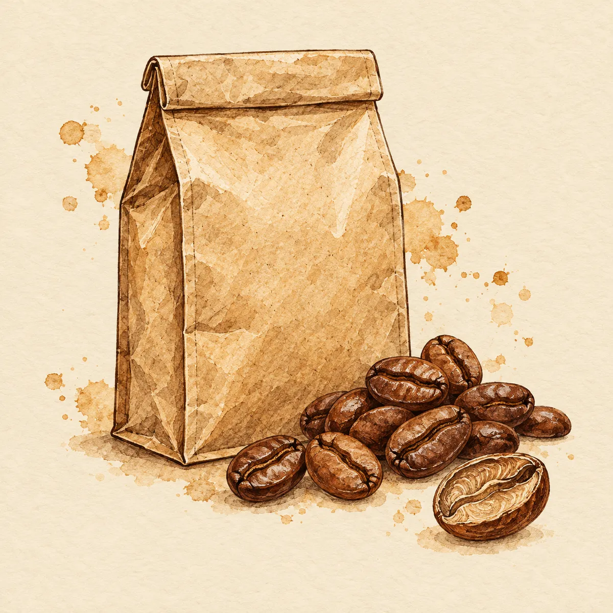 Illustration of a plain paper coffee bag beside whole roasted beans and one bean cut open in cross-section.
