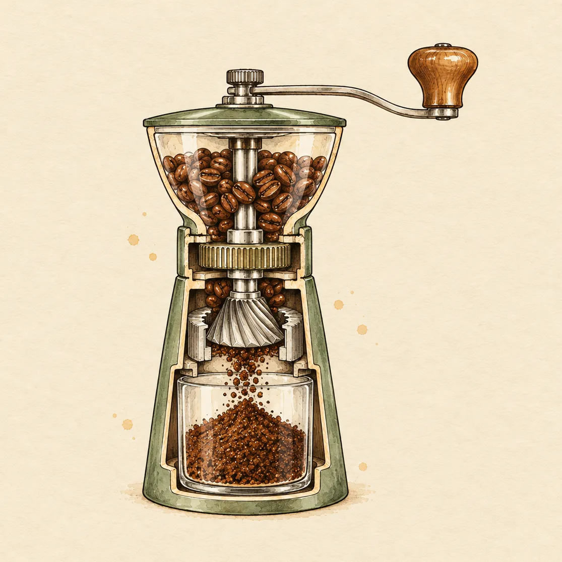 Cutaway illustration of a generic hand coffee grinder showing the bean hopper, conical burrs and catch cup.