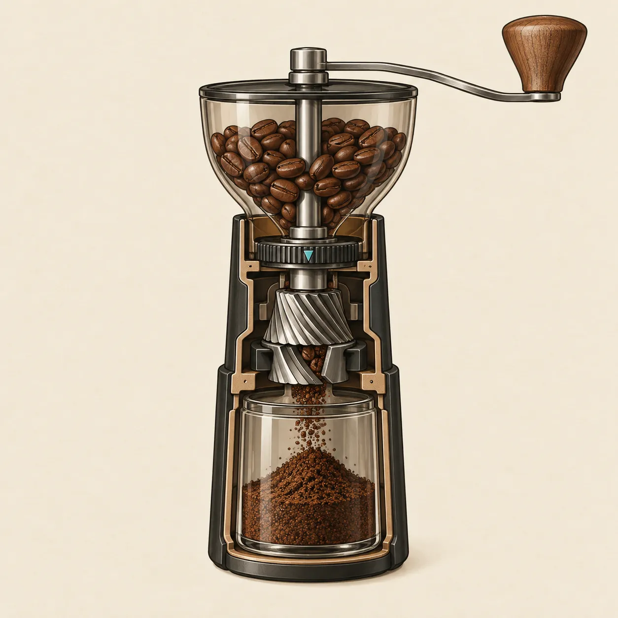 Cutaway illustration of a generic hand coffee grinder showing the bean hopper, conical burrs and catch cup.