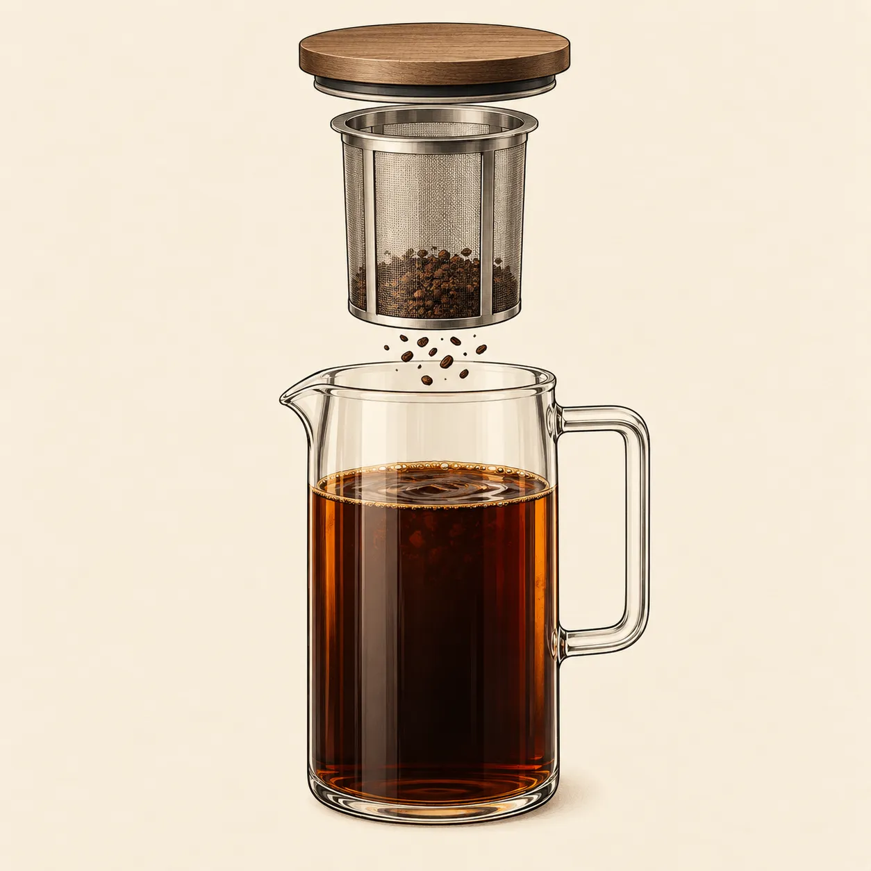 Illustration of a generic glass cold brew pitcher with its mesh filter basket and wooden lid lifted off, in exploded view.