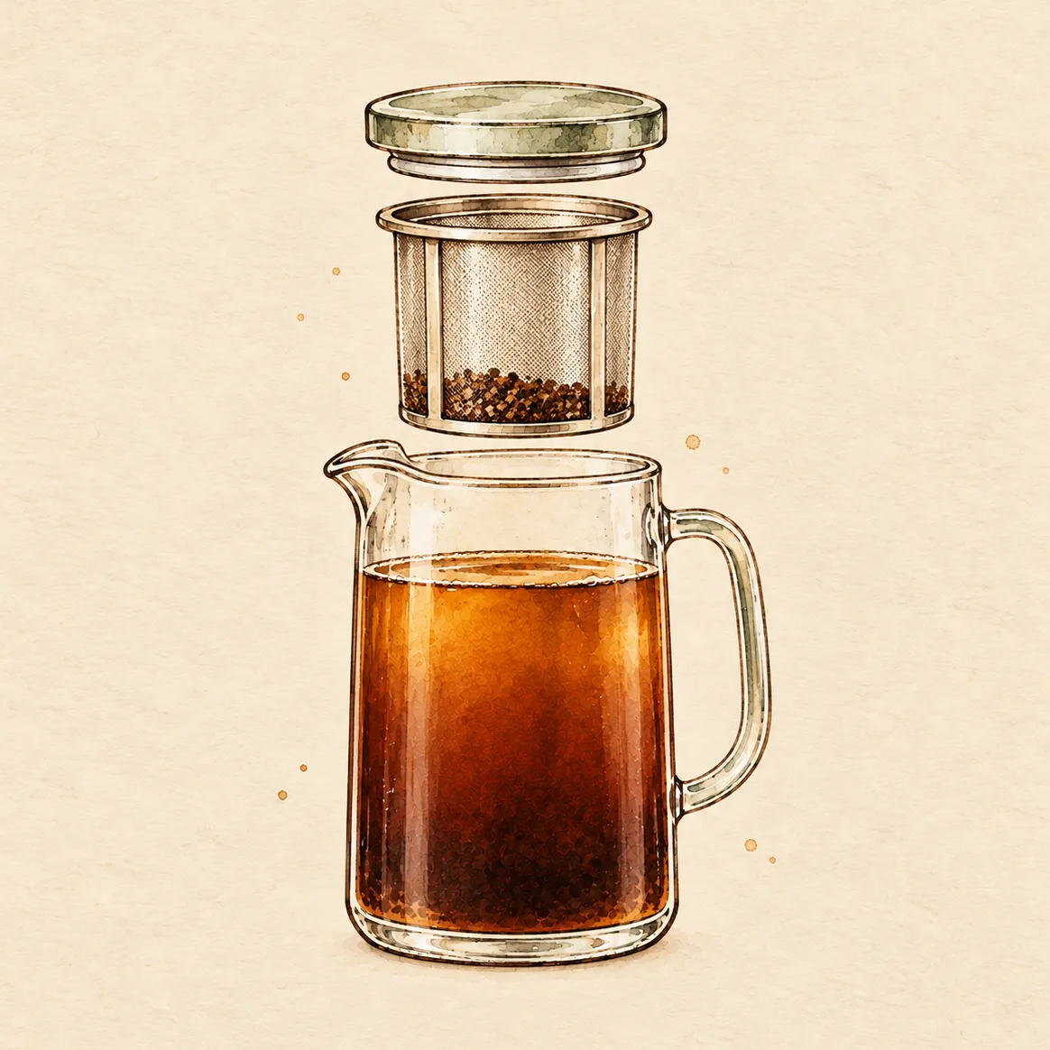 Illustration of a generic glass cold brew pitcher with its mesh filter basket and wooden lid lifted off, in exploded view.
