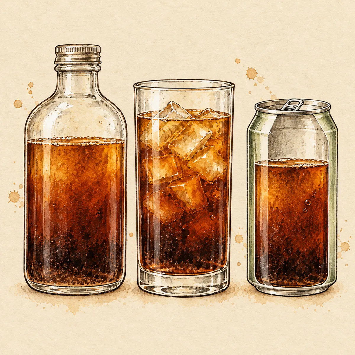 Cutaway illustration of a generic glass bottle, an iced glass and an aluminium can, each holding cold brew coffee.
