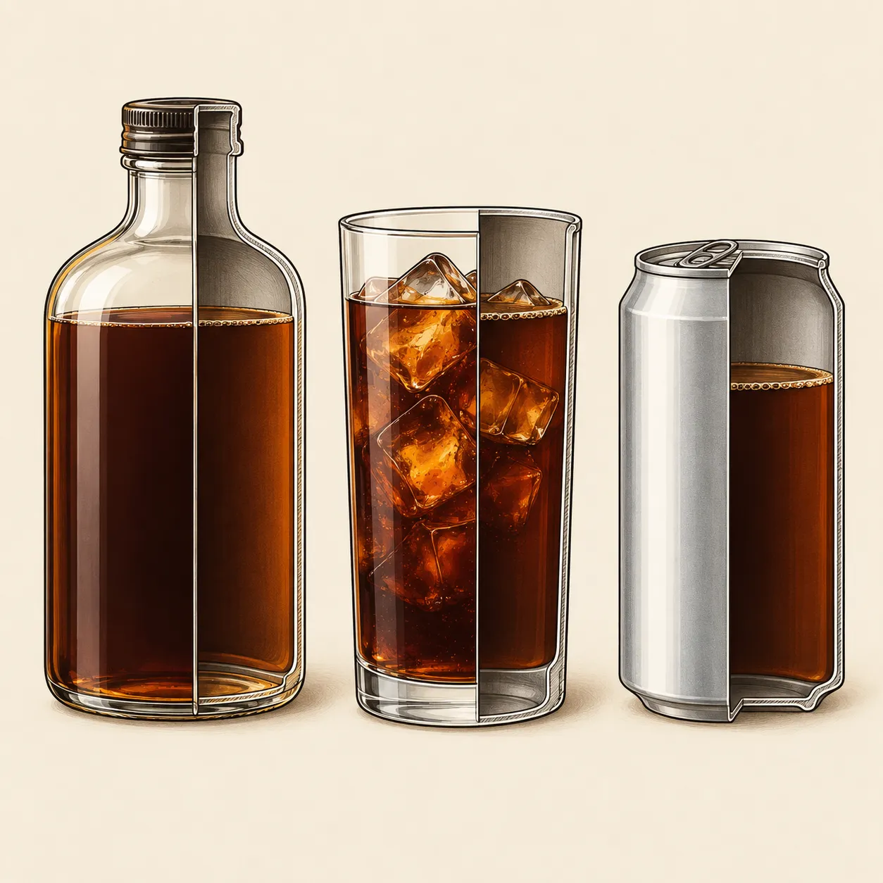 Cutaway illustration of a generic glass bottle, an iced glass and an aluminium can, each holding cold brew coffee.