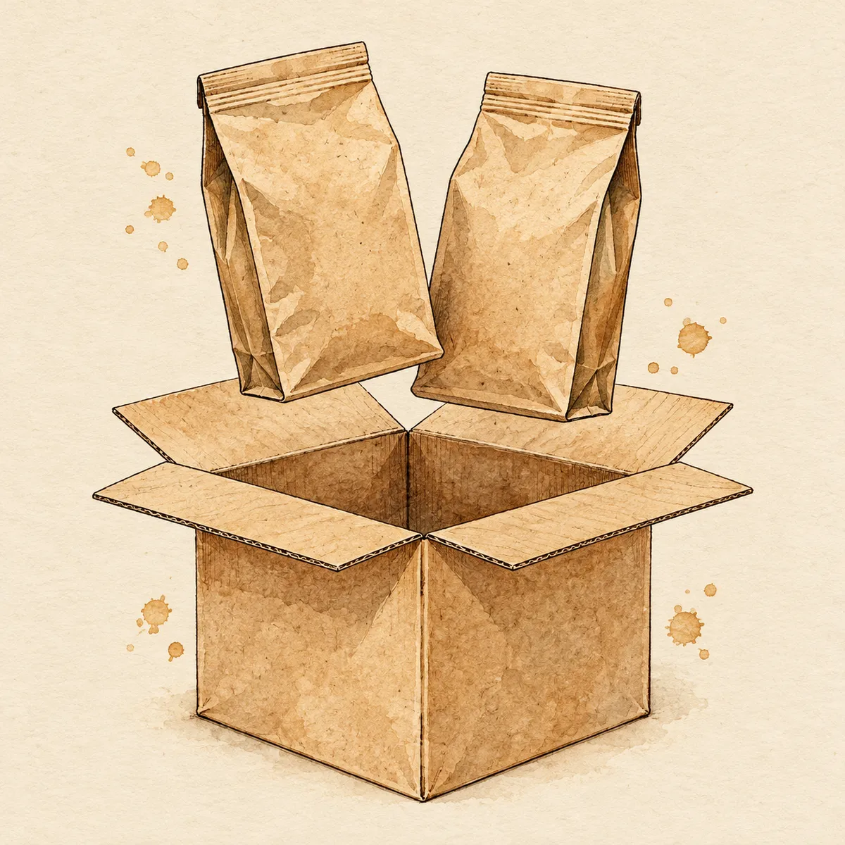 Illustration of an open cardboard shipping box with two plain coffee bags lifting out of it.