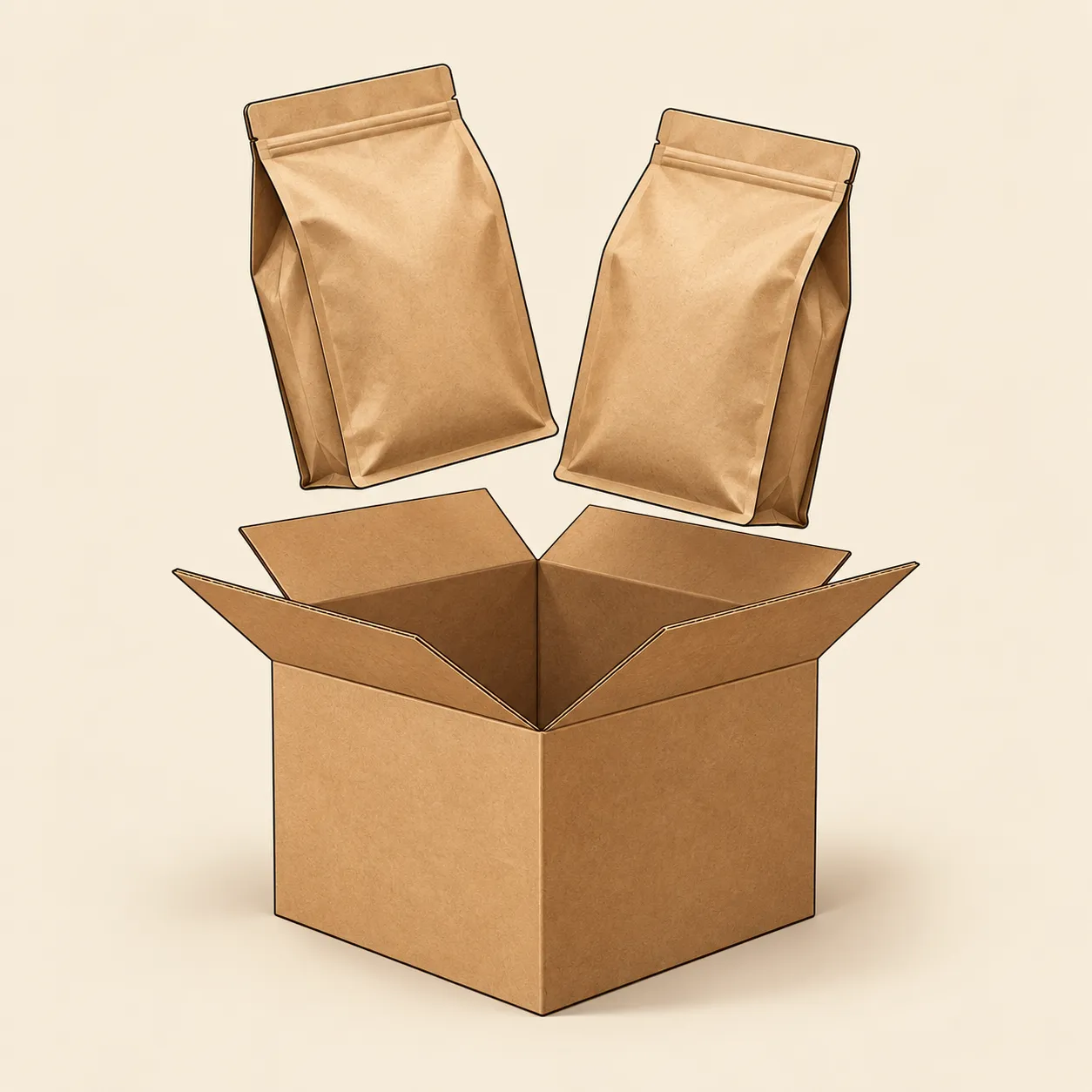 Illustration of an open cardboard shipping box with two plain coffee bags lifting out of it.