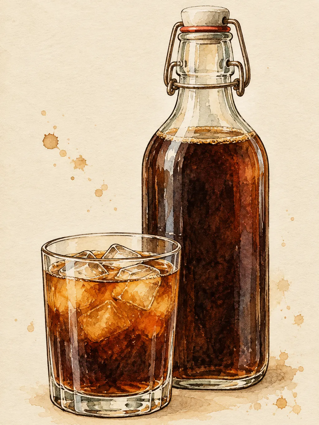 Illustration of a tall glass swing-top bottle of dark cold brew concentrate, with a short glass of diluted cold brew over ice standing in front of it.