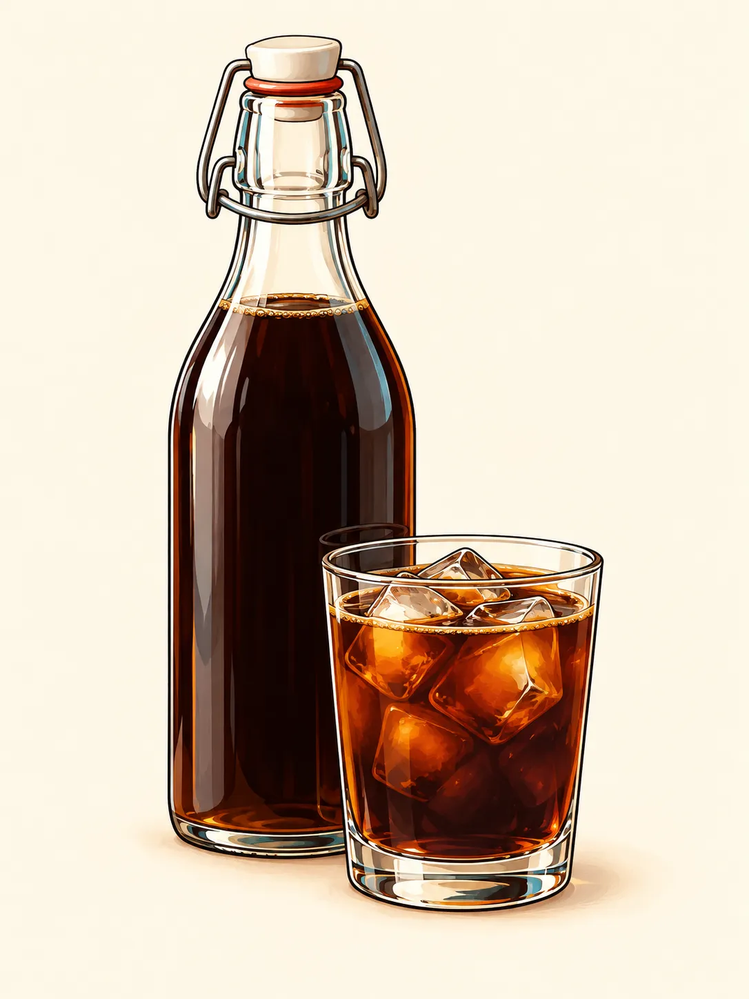 Illustration of a tall glass swing-top bottle of dark cold brew concentrate, with a short glass of diluted cold brew over ice standing in front of it.