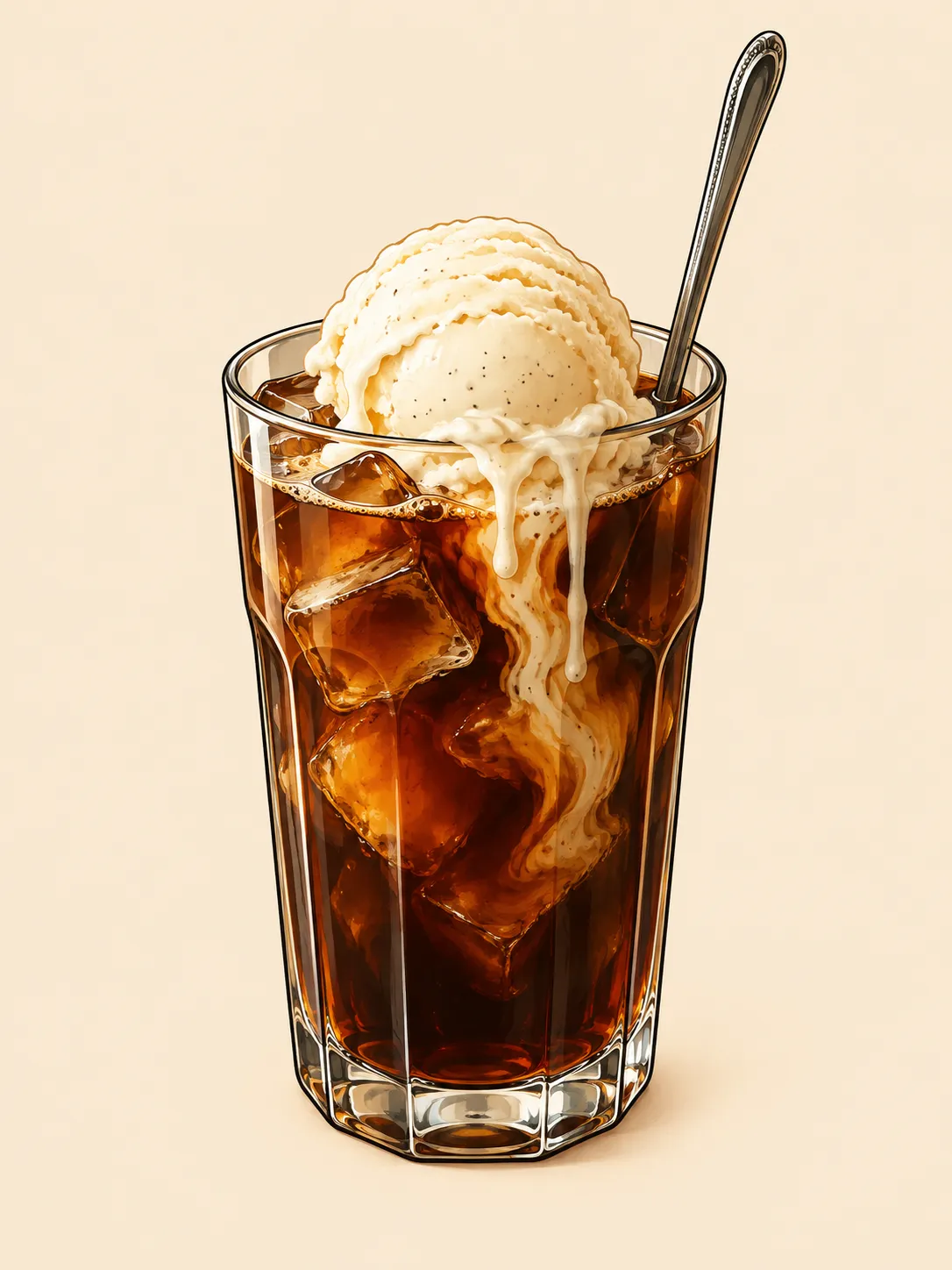 Illustration of a tall glass of dark cold brew with ice cubes and a round scoop of vanilla ice cream on top, melting in slow drips down the glass, with a long spoon.