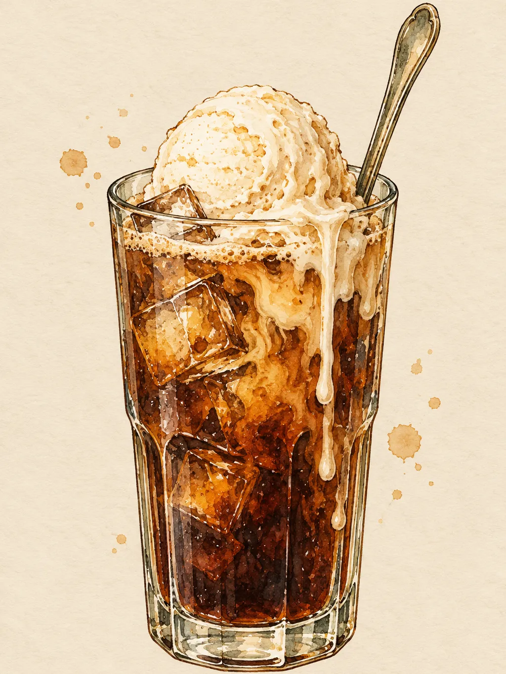 Illustration of a tall glass of dark cold brew with ice cubes and a round scoop of vanilla ice cream on top, melting in slow drips down the glass, with a long spoon.