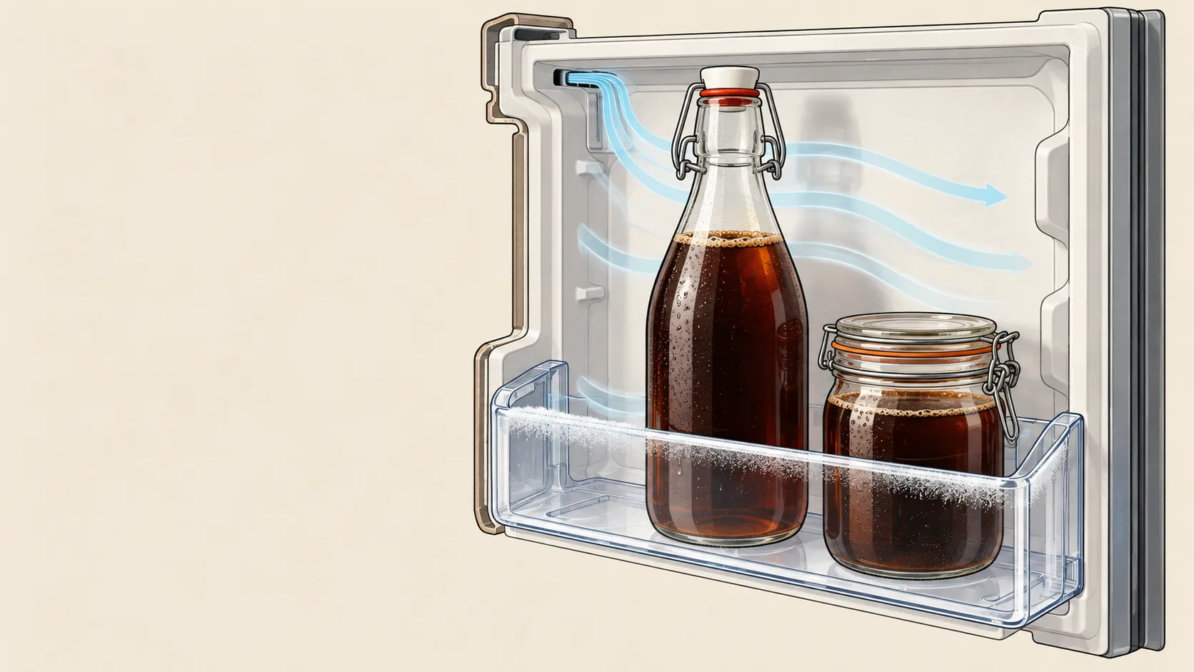Illustration of a refrigerator door shelf in cutaway, holding a clear swing-top bottle and a clamp-top glass jar of cold brew, with faint lines of cold air drifting past them.