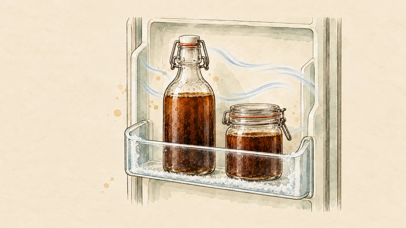 Illustration of a refrigerator door shelf in cutaway, holding a clear swing-top bottle and a clamp-top glass jar of cold brew, with faint lines of cold air drifting past them.