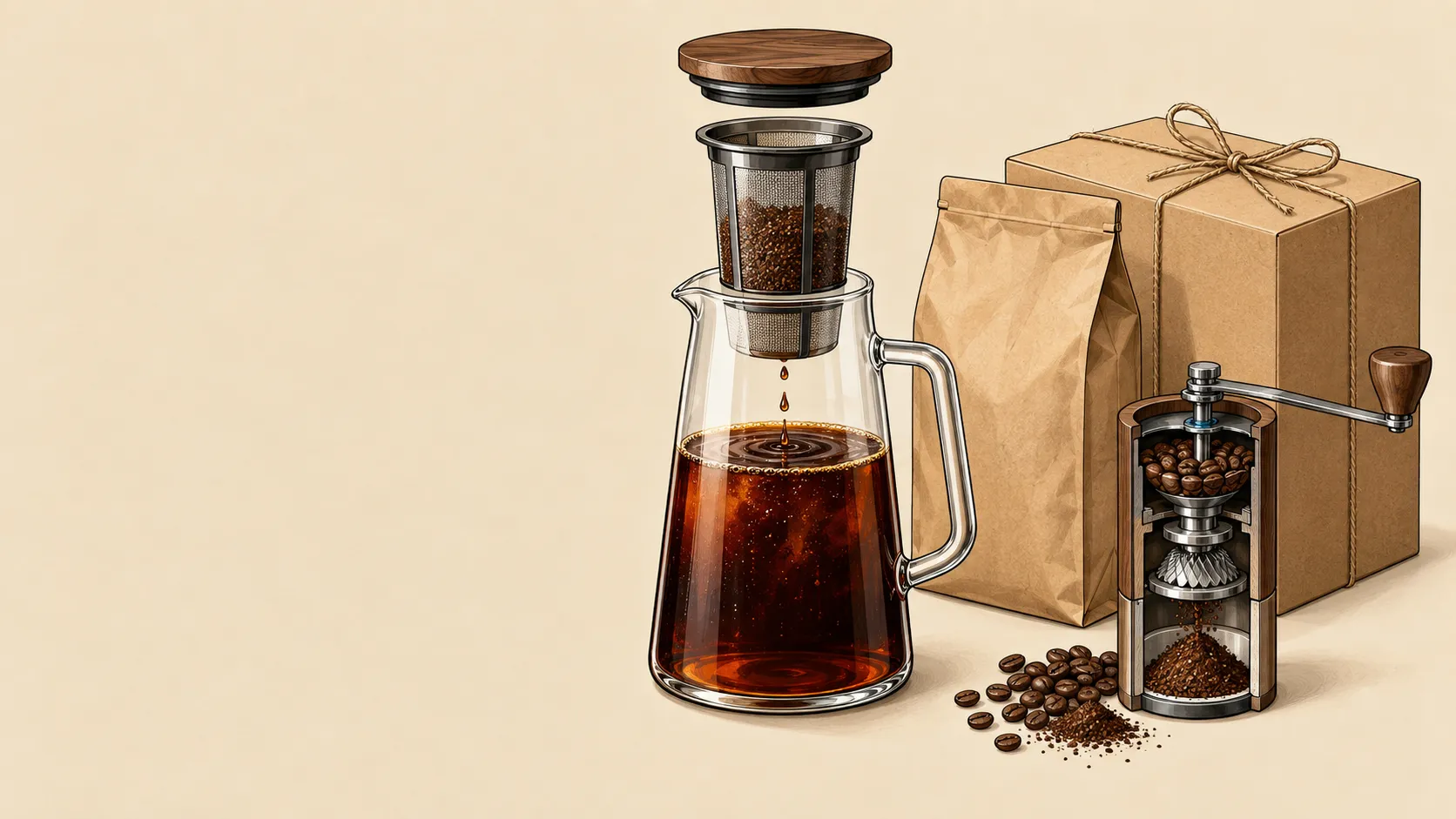 Illustration of a generic glass cold brew pitcher with its filter basket lifted out, a plain paper coffee bag, a kraft gift box with twine and a small hand grinder in cutaway.