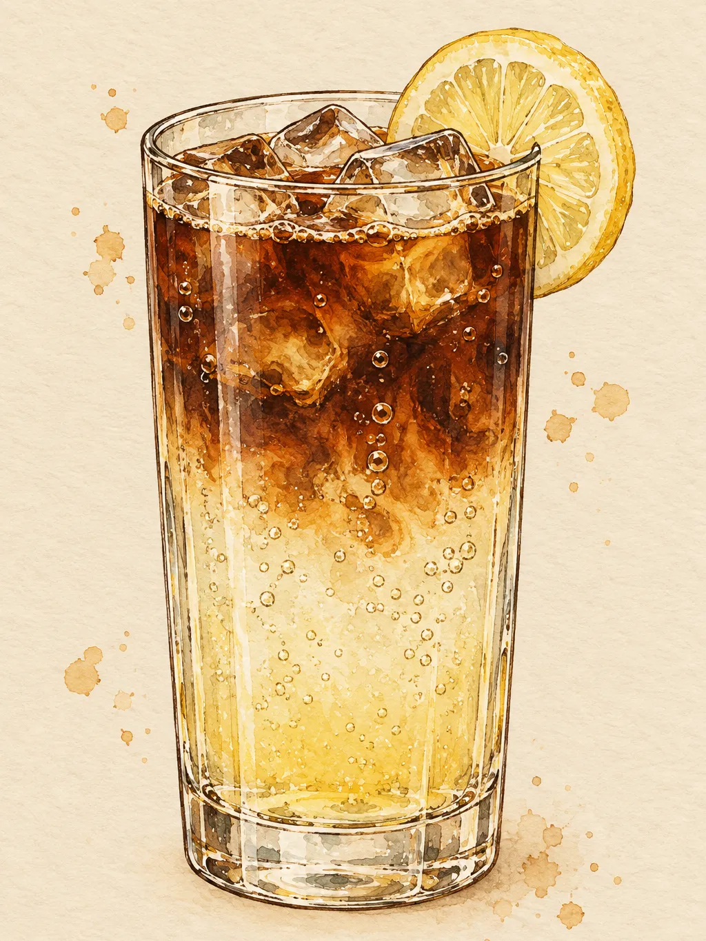 Illustration of a tall glass with pale yellow sparkling lemonade at the bottom, dark cold brew floating on top, ice cubes, rising bubbles and a lemon wheel on the rim.