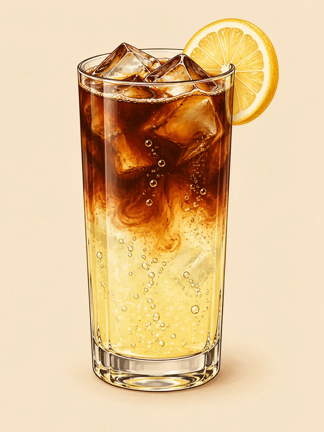 Illustration of a tall glass with pale yellow sparkling lemonade at the bottom, dark cold brew floating on top, ice cubes, rising bubbles and a lemon wheel on the rim.
