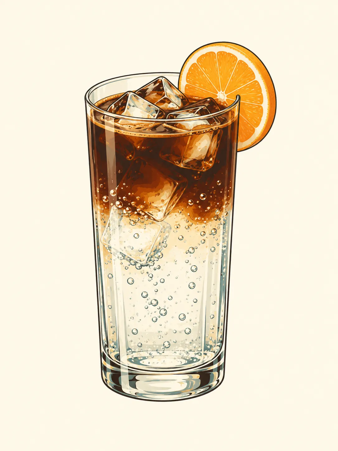 Illustration of a tall glass of cold brew tonic: clear sparkling tonic water below, a dark layer of cold brew on top, ice cubes, small bubbles and an orange wheel on the rim.