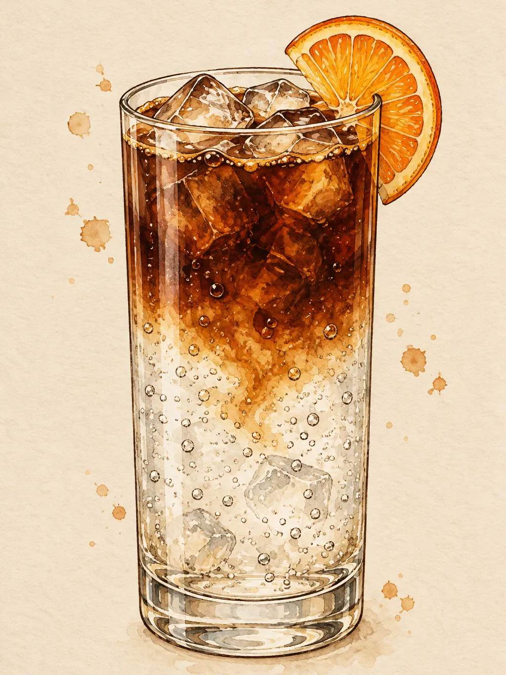 Illustration of a tall glass of cold brew tonic: clear sparkling tonic water below, a dark layer of cold brew on top, ice cubes, small bubbles and an orange wheel on the rim.