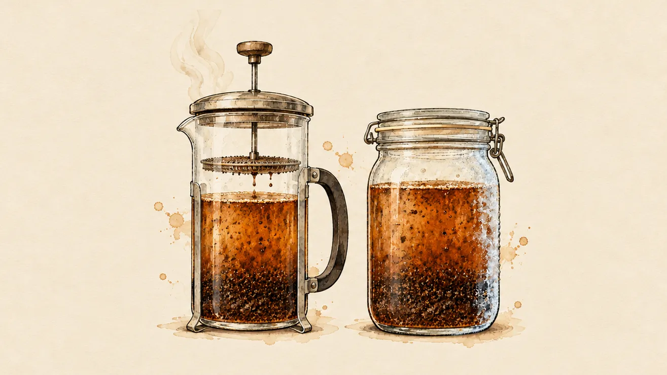Illustration of a glass French press with its plunger raised beside a clamp-top glass jar of steeping cold brew, both in cross-section with loose grounds suspended in the coffee, steam above the press and a thin frost line on the jar.
