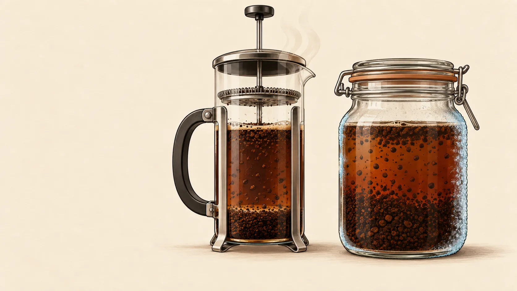 Illustration of a glass French press with its plunger raised beside a clamp-top glass jar of steeping cold brew, both in cross-section with loose grounds suspended in the coffee, steam above the press and a thin frost line on the jar.