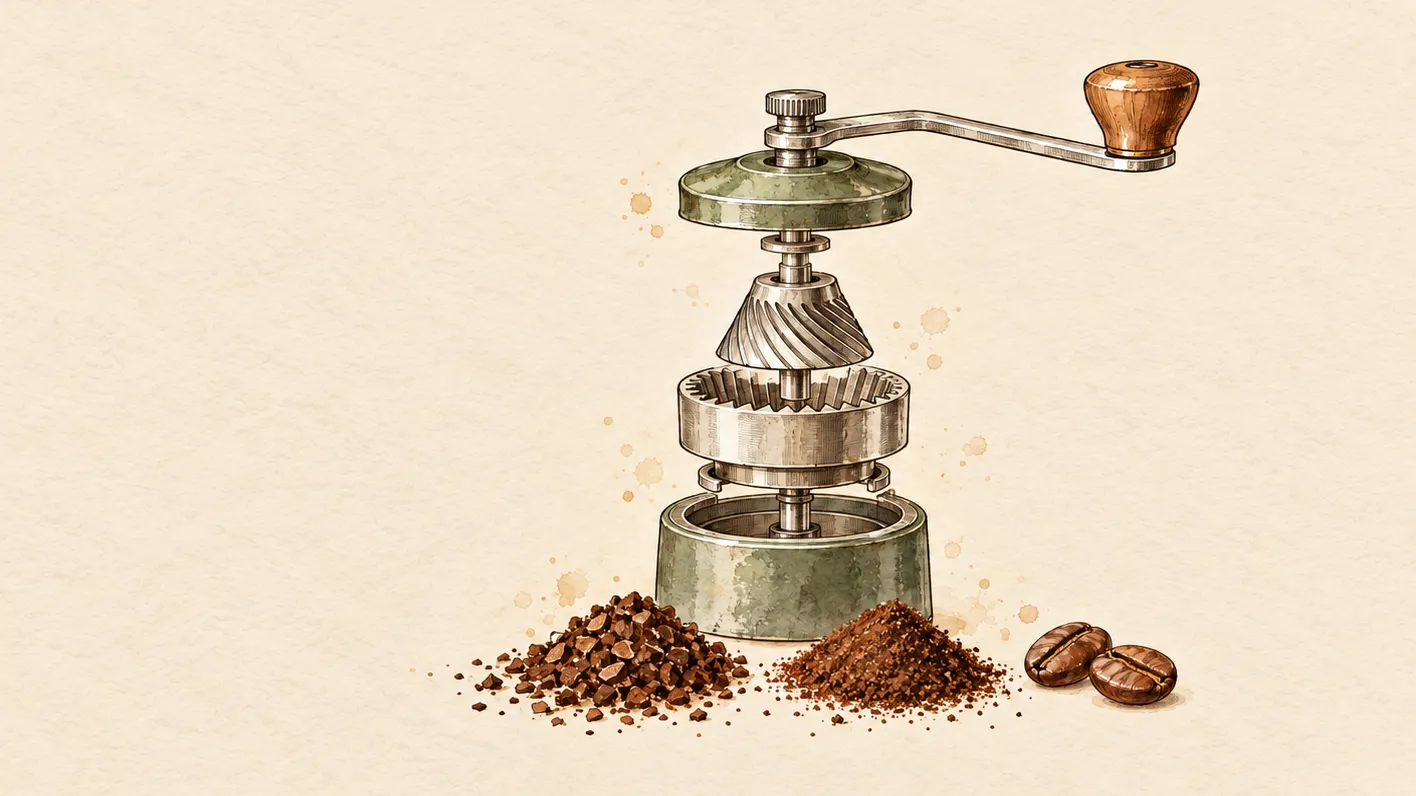 Illustration of a conical burr coffee grinder in exploded cutaway, showing its hopper of beans, burrs and motor, with a pile of coarse grounds, a pile of finer grounds and two whole beans in front of it.