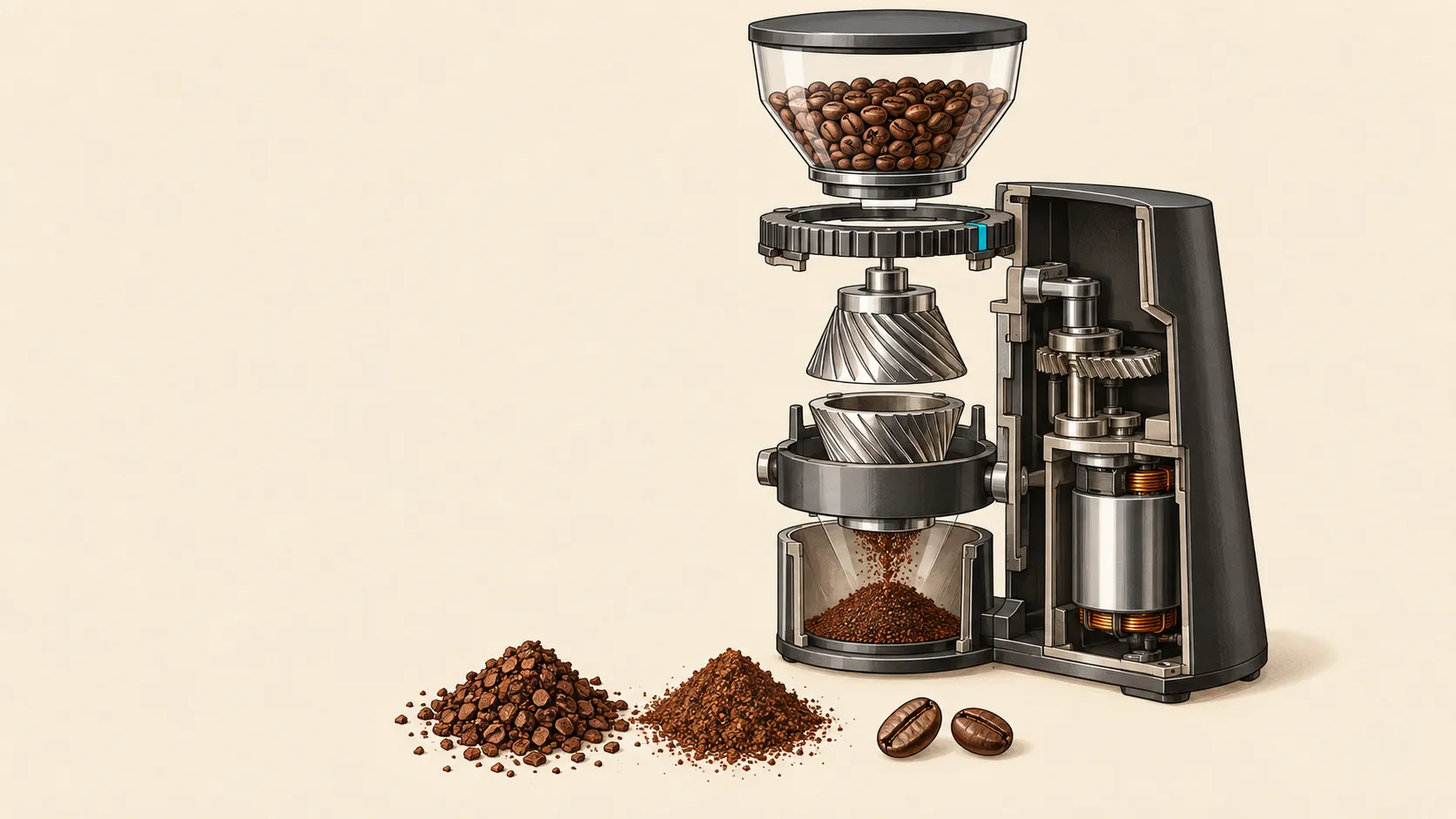 Illustration of a conical burr coffee grinder in exploded cutaway, showing its hopper of beans, burrs and motor, with a pile of coarse grounds, a pile of finer grounds and two whole beans in front of it.