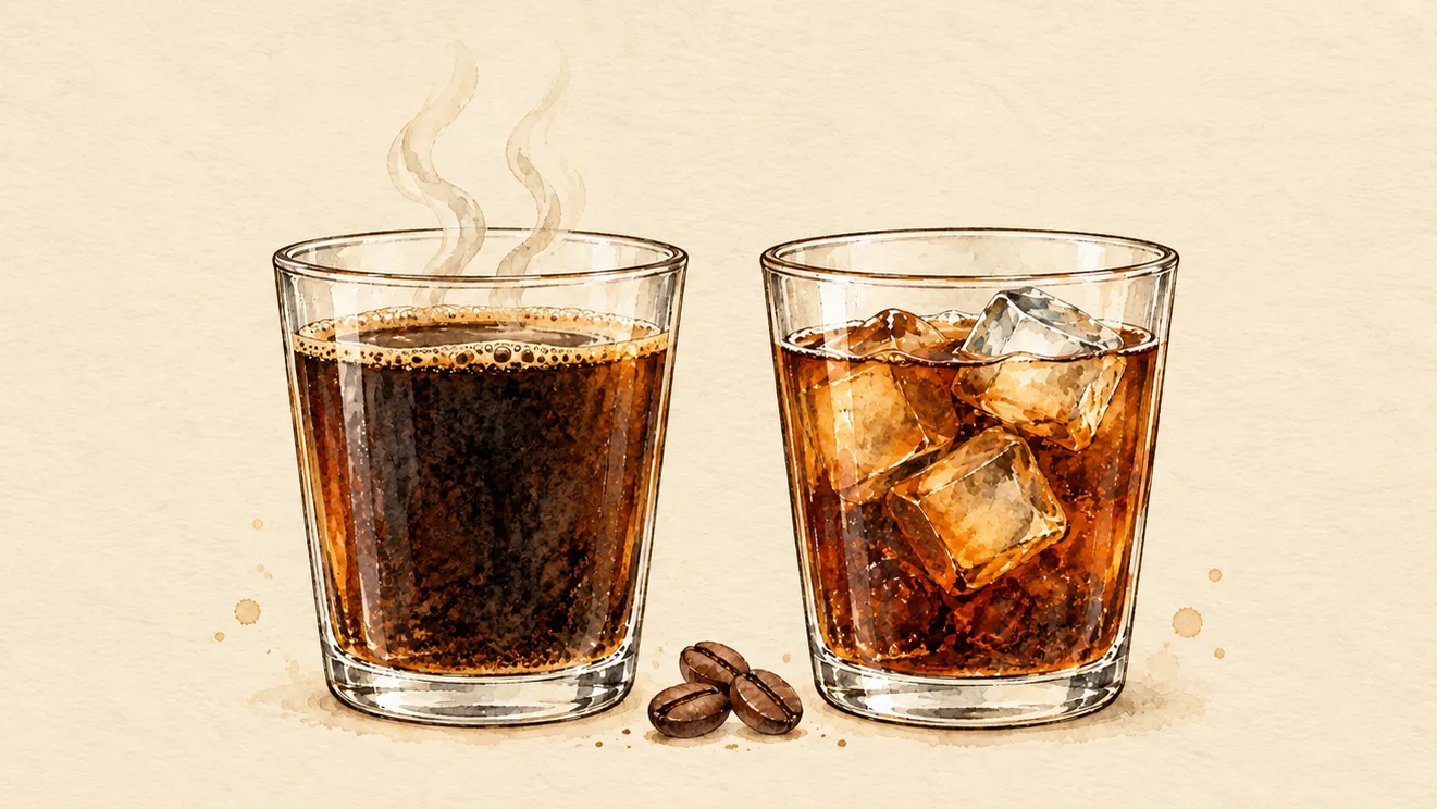 Illustration of two clear glasses side by side: hot black coffee with a wisp of steam on the left, cold brew over large ice cubes on the right, with a few roasted coffee beans between them.
