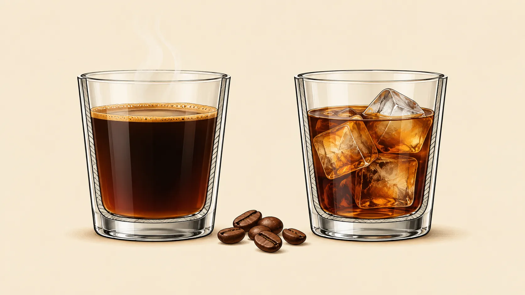 Illustration of two clear glasses side by side: hot black coffee with a wisp of steam on the left, cold brew over large ice cubes on the right, with a few roasted coffee beans between them.