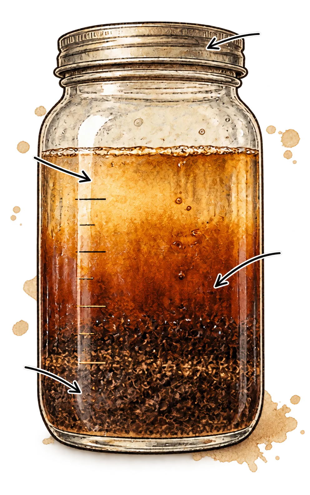 Ink and watercolor drawing of a glass jar of cold brew mid-steep: amber liquid darkening toward a bed of coarse grounds, tick marks on the glass, and four inked arrows pointing at the lid, the liquid and the grounds.