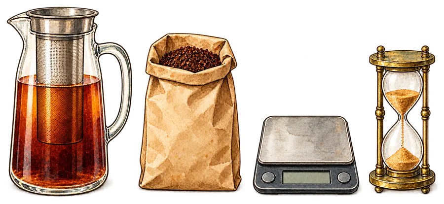 Ink and watercolor sketch of four things laid in a row: a glass pitcher with a mesh filter basket, a kraft bag of coarse ground coffee, a small kitchen scale and a brass hourglass.