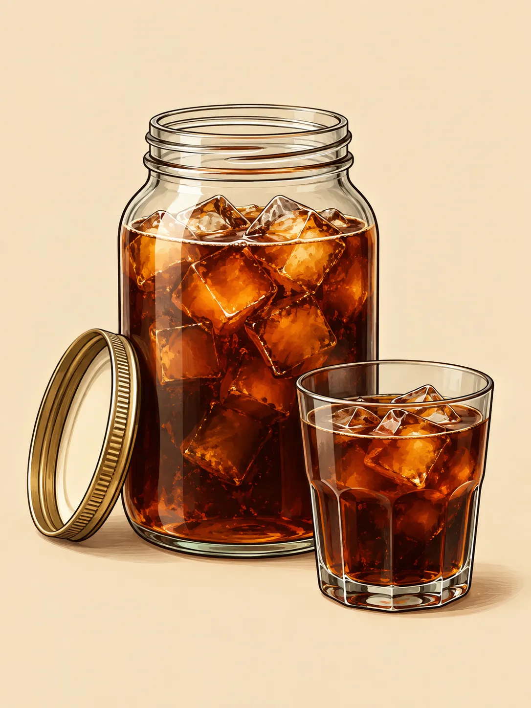 Illustration of a wide-mouth glass jar filled with amber cold brew and ice cubes, with its lid resting beside it and a small glass of cold brew in front.