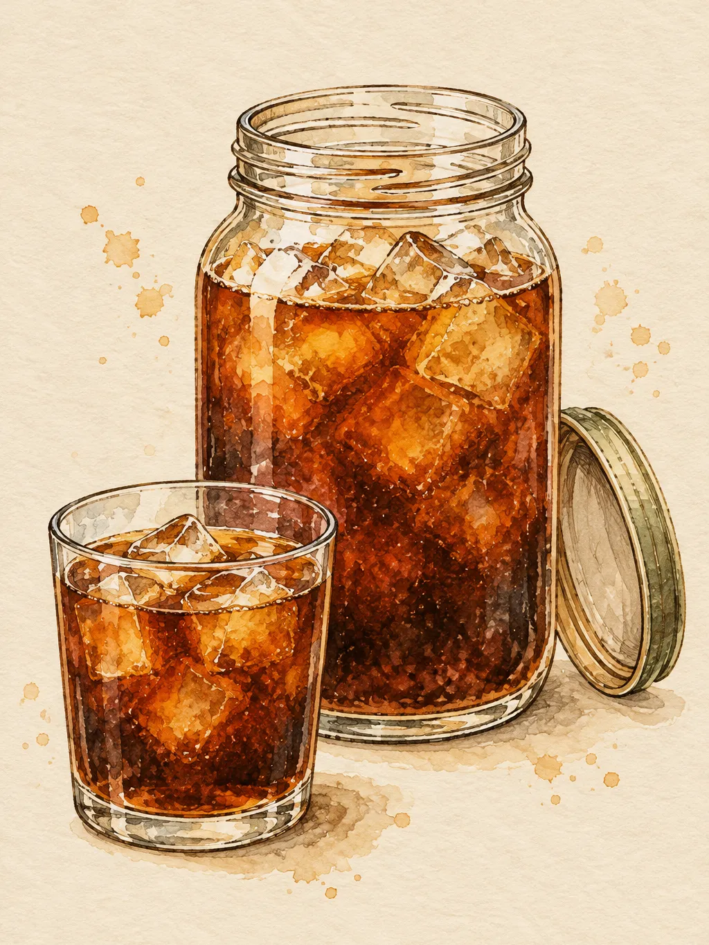 Illustration of a wide-mouth glass jar filled with amber cold brew and ice cubes, with its lid resting beside it and a small glass of cold brew in front.