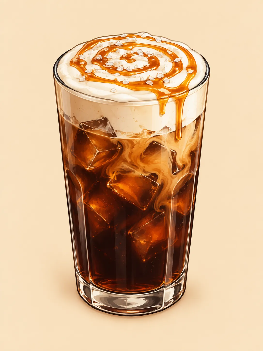 Illustration of a tall glass of iced cold brew topped with a thick pale milk foam, a spiral of caramel drizzle and a few flakes of sea salt, with ice cubes below.