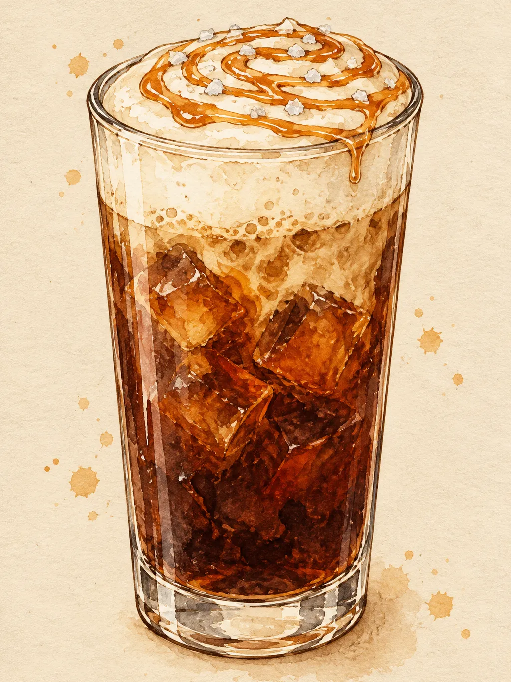 Illustration of a tall glass of iced cold brew topped with a thick pale milk foam, a spiral of caramel drizzle and a few flakes of sea salt, with ice cubes below.