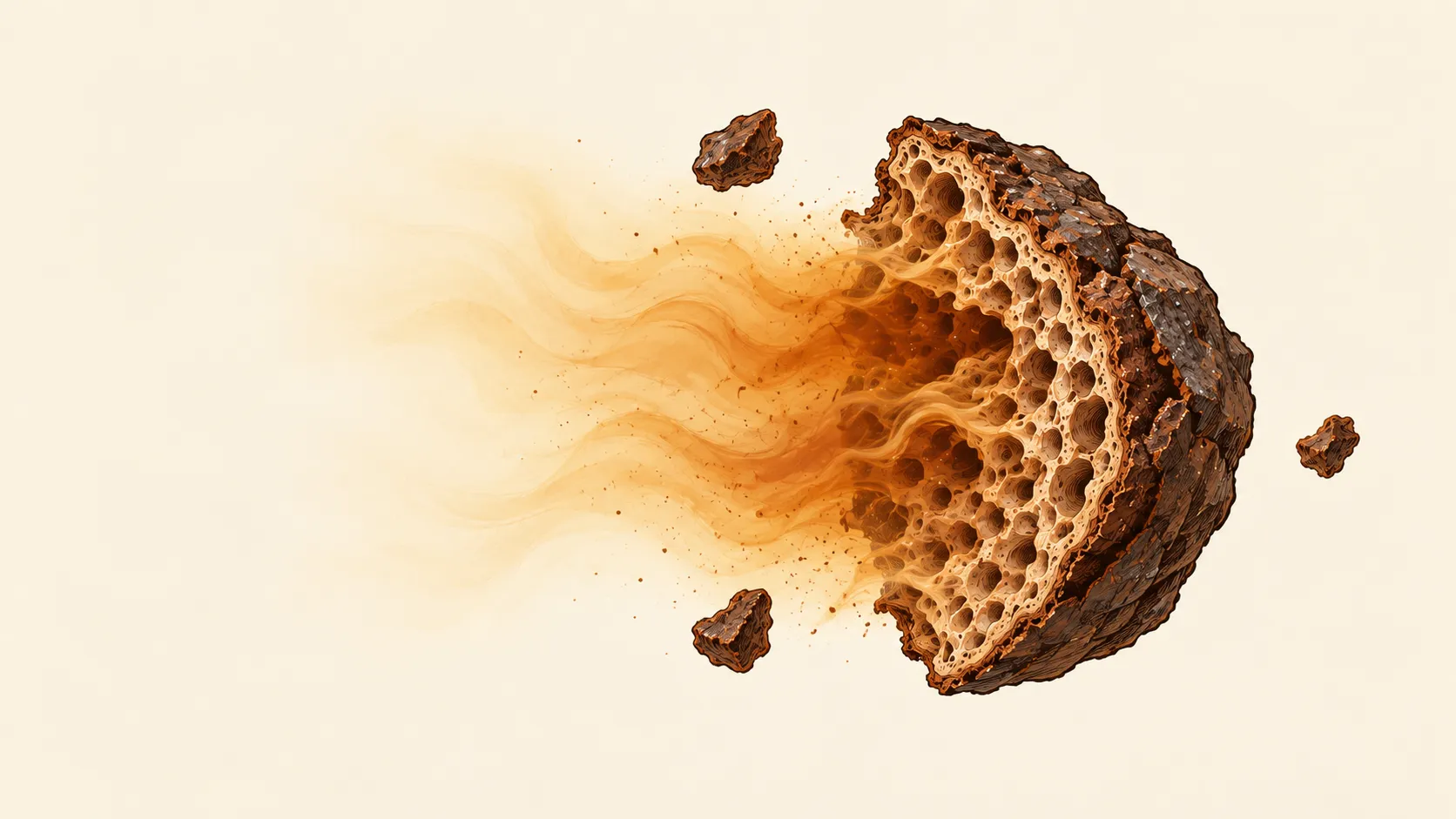 Illustration of a single coffee ground, greatly magnified and cut open to show its porous interior, releasing an amber cloud of dissolved coffee into clear water, with a few smaller grounds floating nearby.