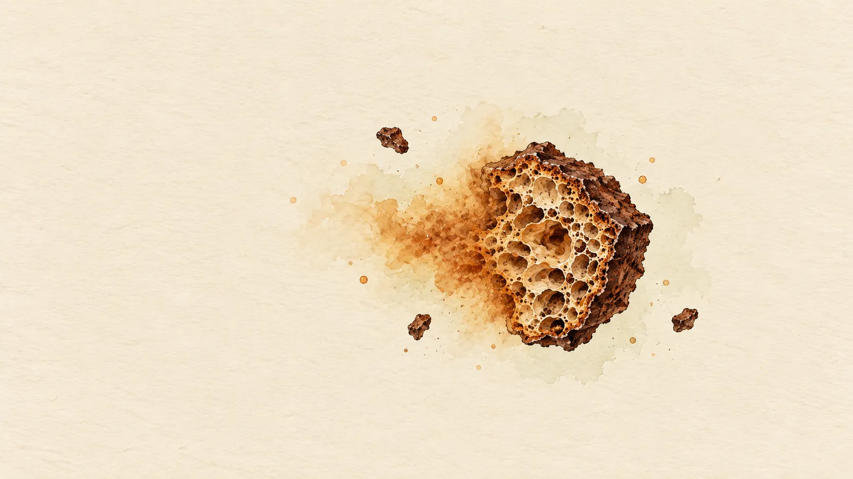 Illustration of a single coffee ground, greatly magnified and cut open to show its porous interior, releasing an amber cloud of dissolved coffee into clear water, with a few smaller grounds floating nearby.