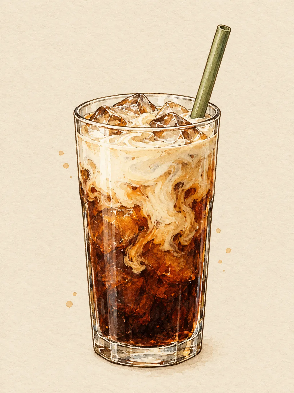 Illustration of a tall glass of iced cold brew with a thick ivory cream layer swirling on top, ice cubes and a plain reusable straw.