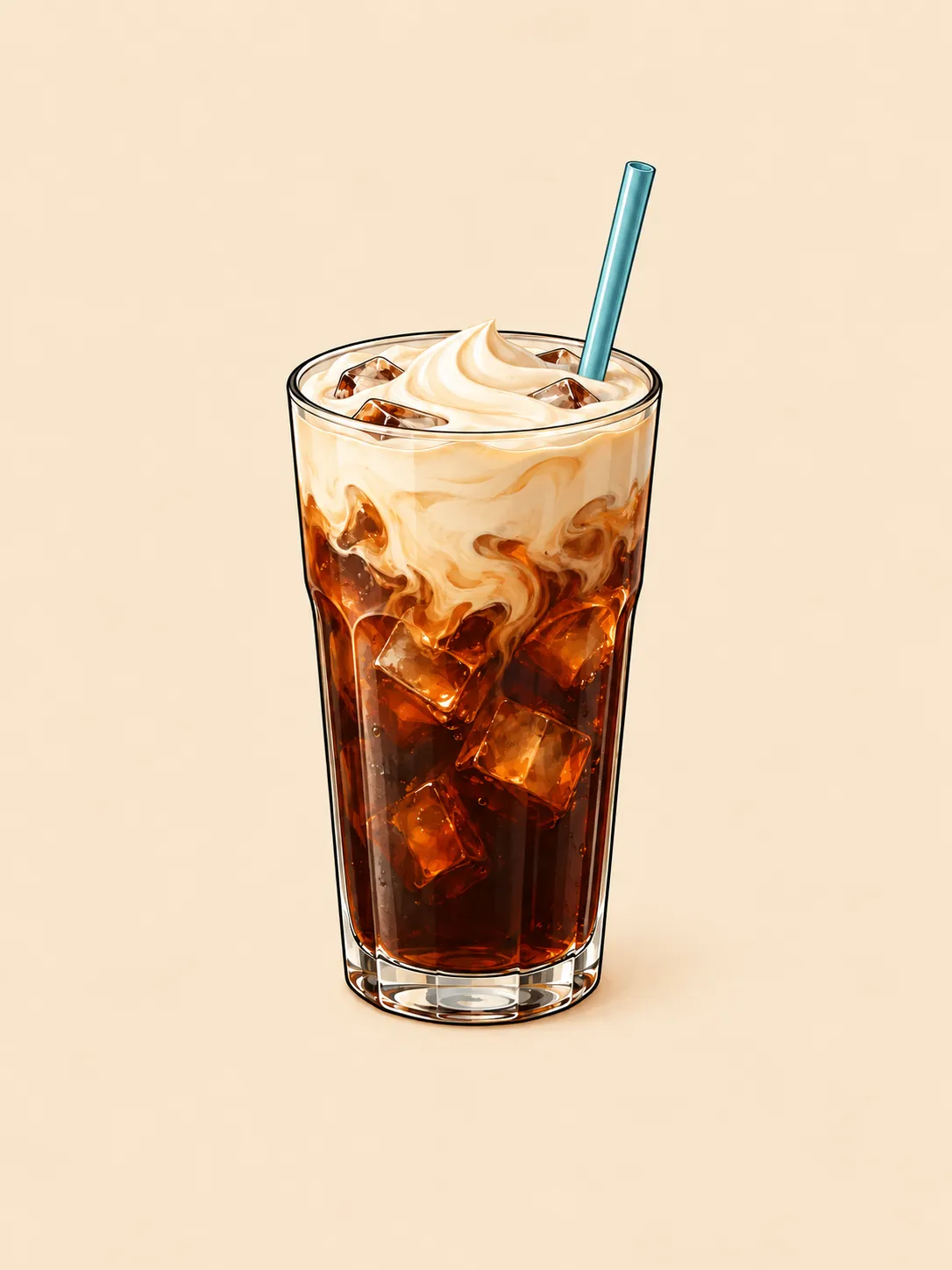 Illustration of a tall glass of iced cold brew with a thick ivory cream layer swirling on top, ice cubes and a plain reusable straw.