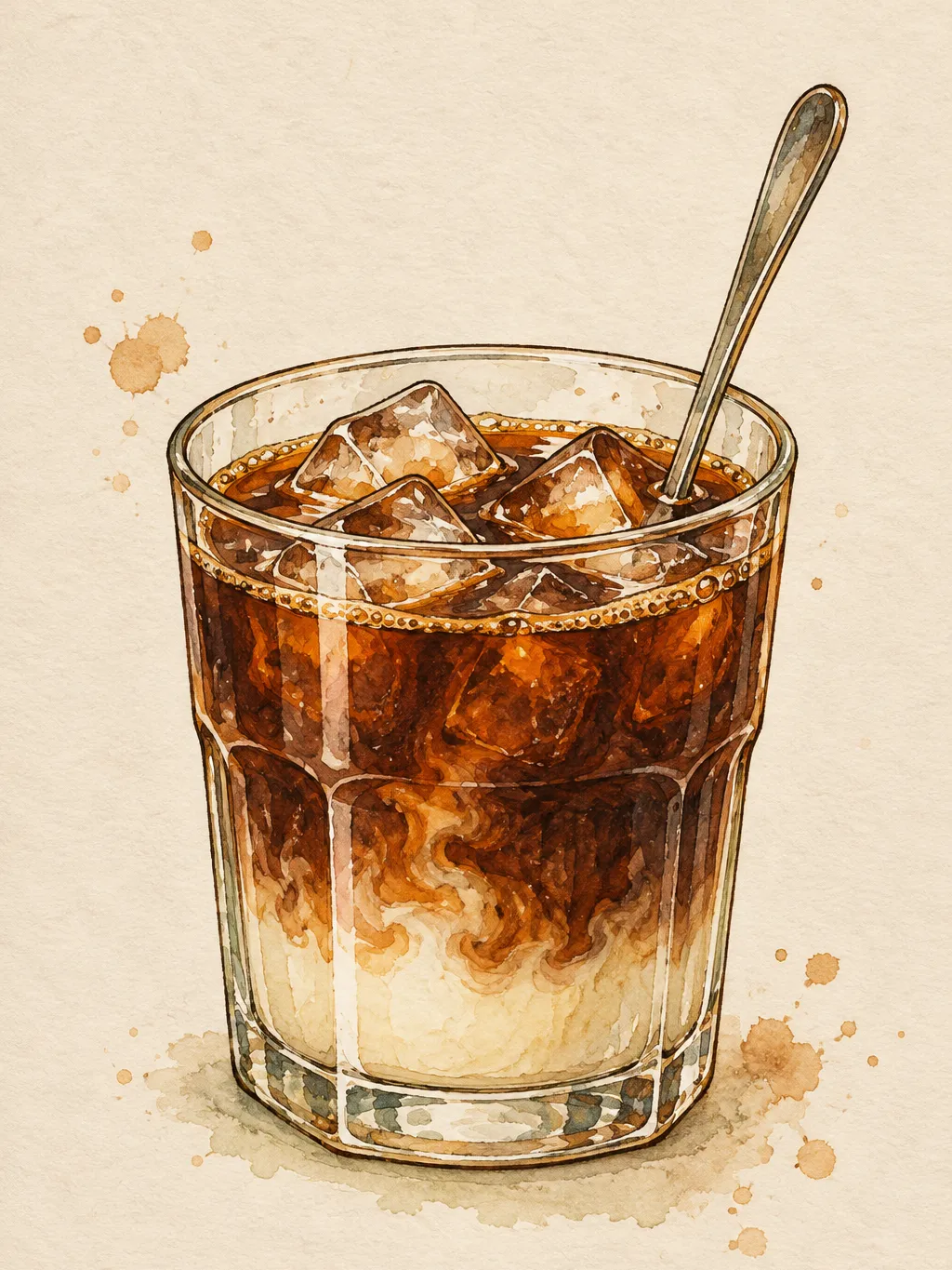 Illustration of a short glass of iced coffee with a creamy white layer of sweetened condensed milk at the bottom, dark cold brew above it, ice cubes and a long spoon.