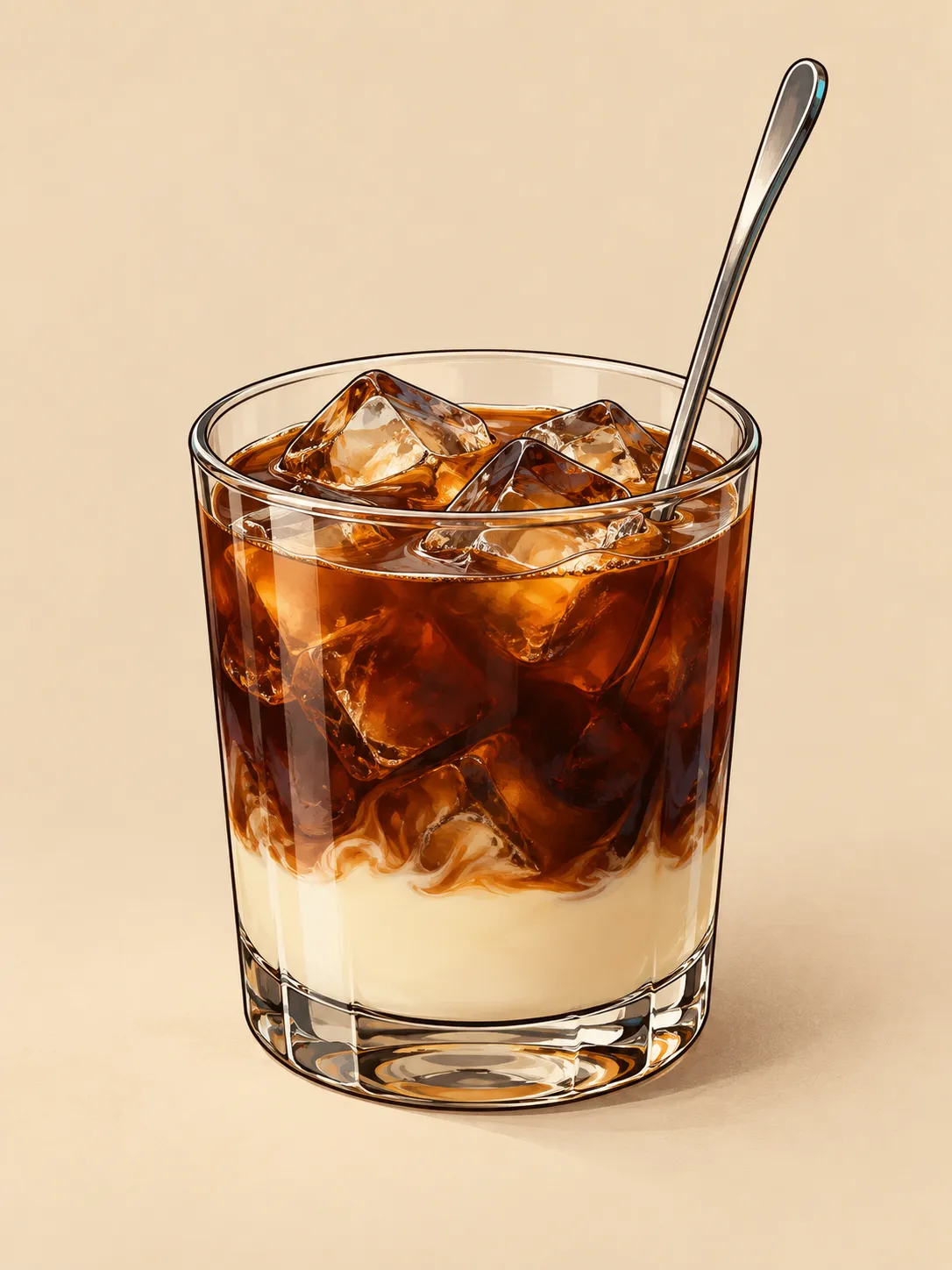 Illustration of a short glass of iced coffee with a creamy white layer of sweetened condensed milk at the bottom, dark cold brew above it, ice cubes and a long spoon.