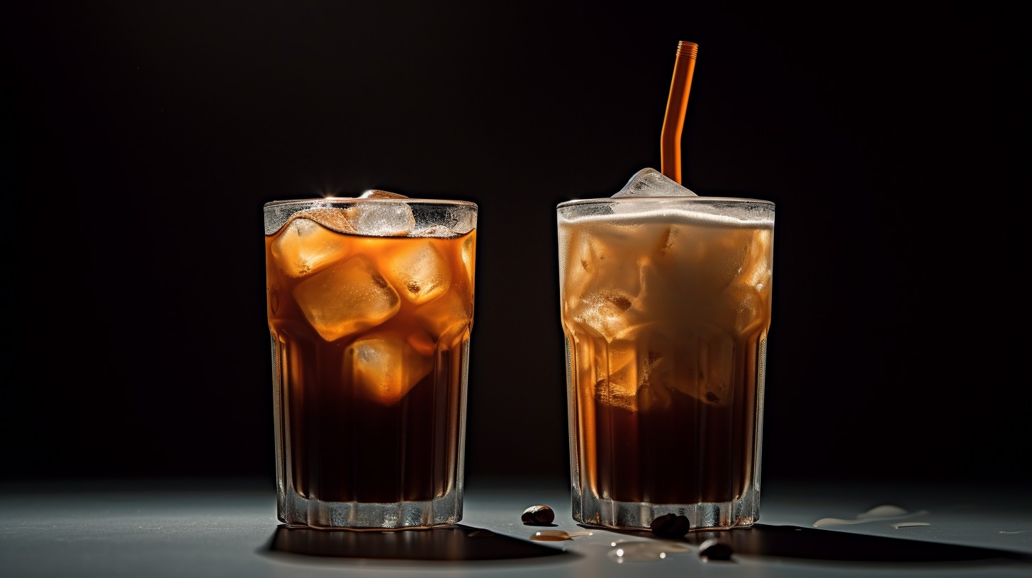 A beautiful image of two glasses of coffee, one showcasing a jug of cold brew coffee and the other with ice cubes and a straw representing iced coffee, symbolizing the comparison between the two methods.